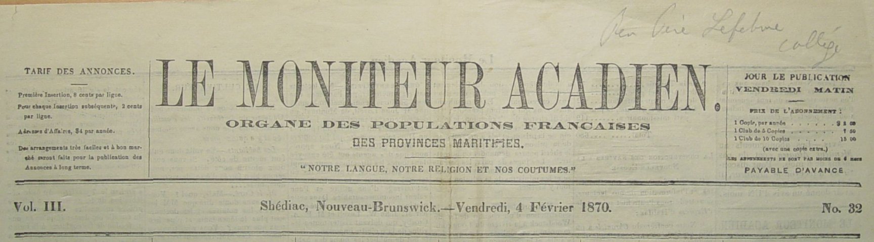 Première page du journal <i>Le Moniteur Acadien</i> du 4 février 1870